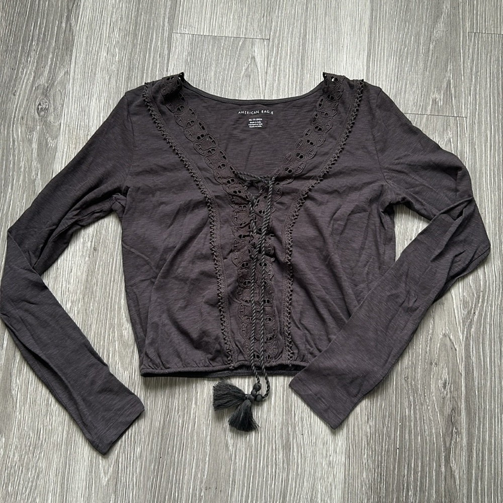 American Eagle Outfitters Women's Charcoal Lace-Up Top